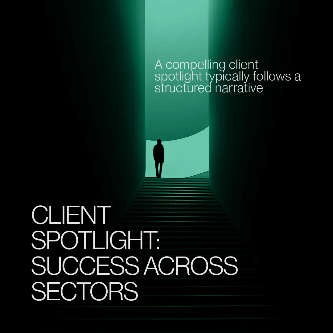 'Client spotlight: success across sectors' — a figure walking into light