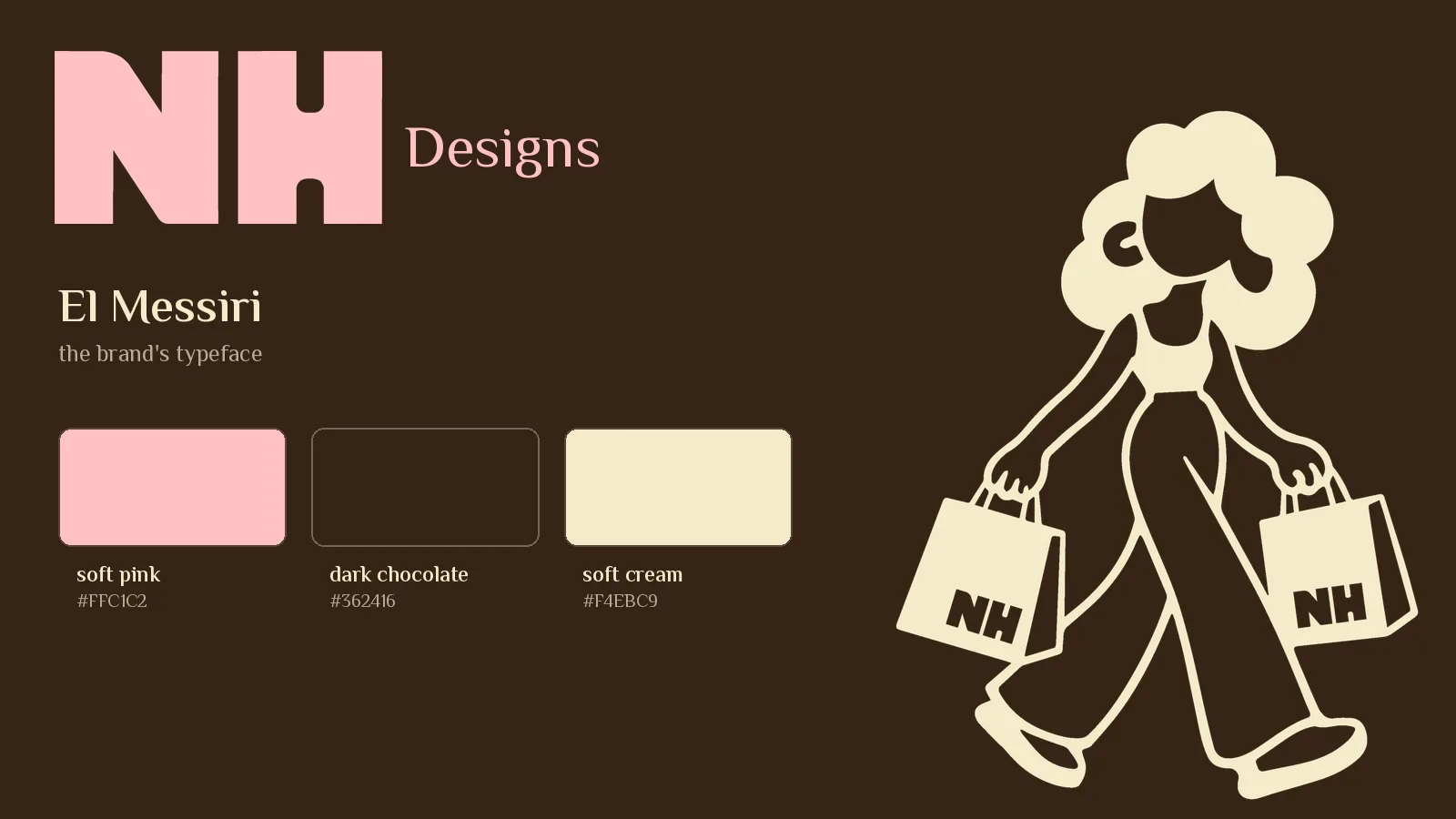 أساسات العلامة — شعار NH Designs وخط El Messiri والألوان الثلاثة والشخصية
